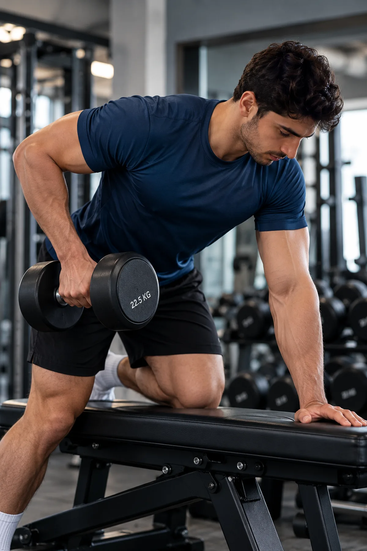 A man doing a one-arm dumbbell row in a gym