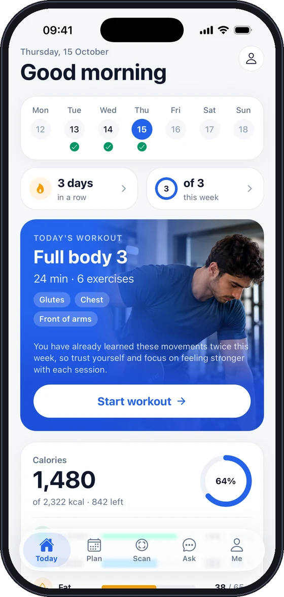 EasyRep's Today screen with the day's workout and calories